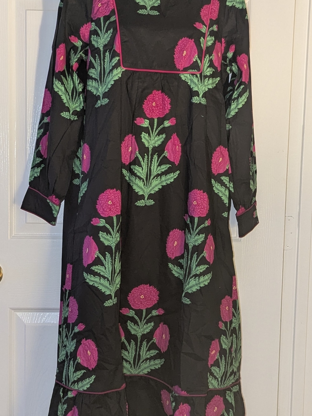 Jodifl Black Pink Floral Cotton Maxi Dress Mandarin Collar Long Sleeve